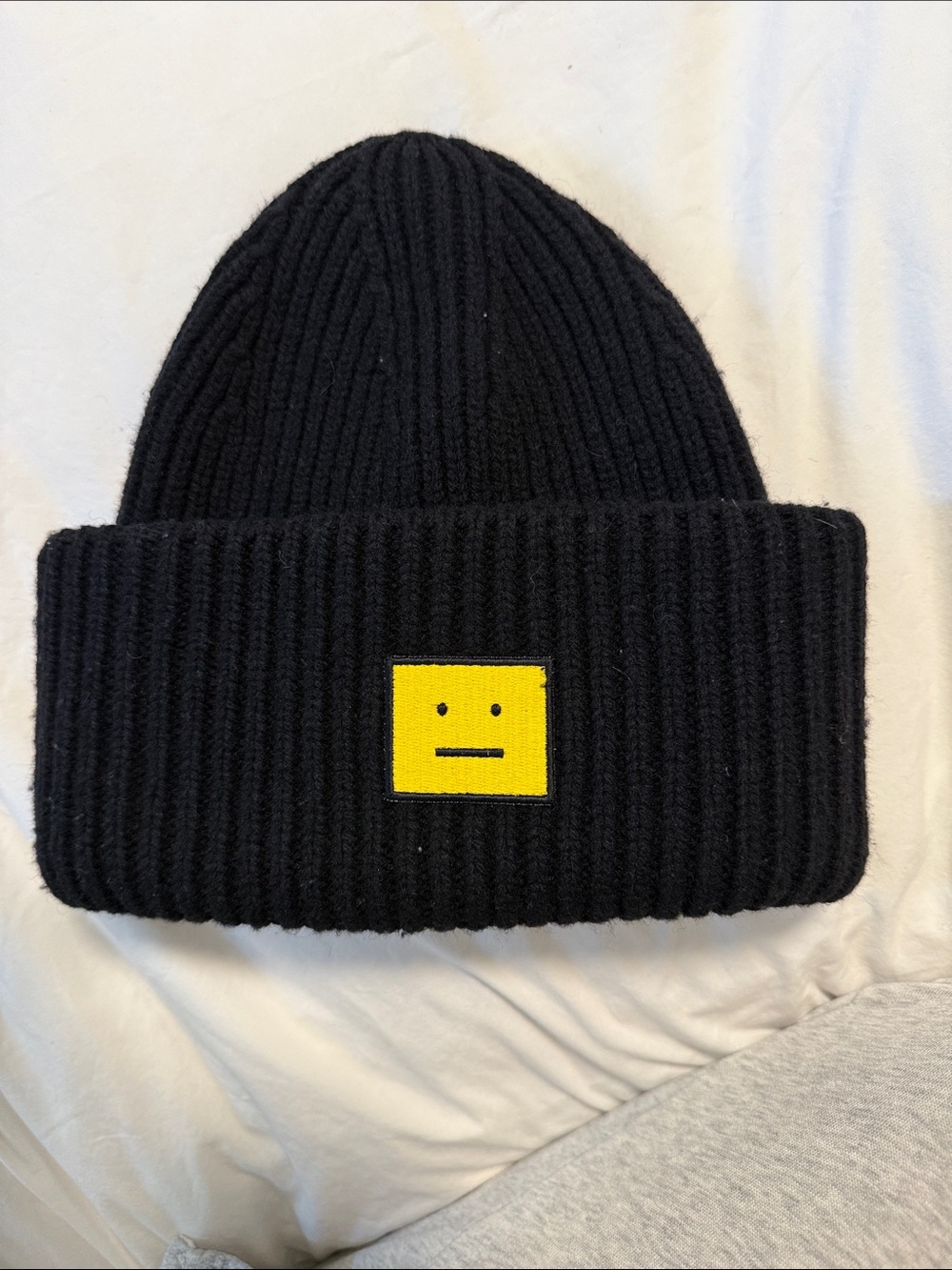 Acne Studios Black Ribbed Beanie with Yellow Face Patch